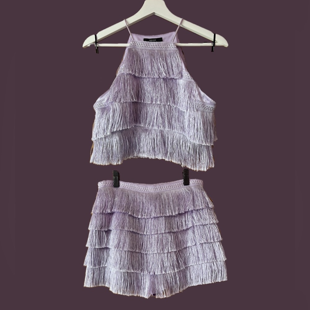 (SET) Light Purple Fringe Crop Top and Shorts